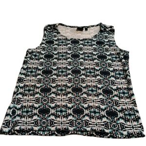 Vtg Rafaella Sz M Blue Black Geometric Print Sleeveless Tank Top Laced Shoulders